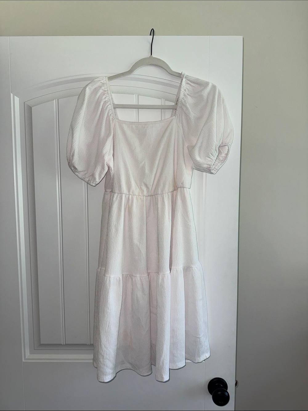Girls White Puff-Sleeve Tiered Dress